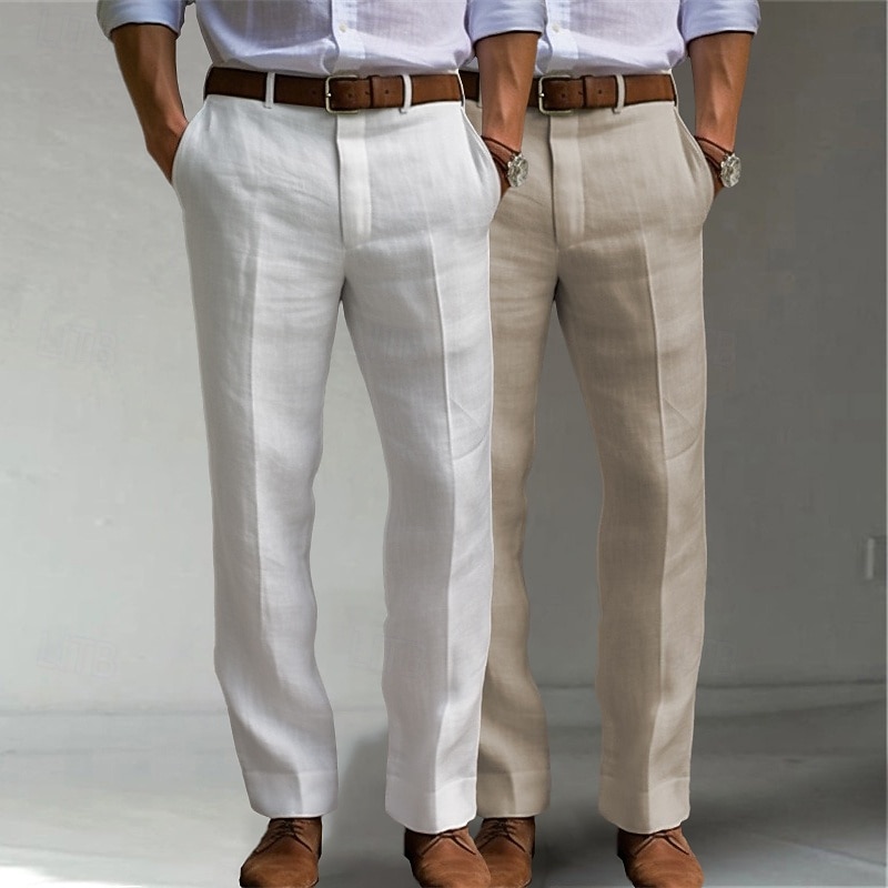 Men's Dress Pants Linen Pants Trousers Summer Pants Front Pocket Straight Leg Plain Comfort Breathable Full Length Casual Daily Holiday Fashion Classic Style White+khaki White+Dark Gray Inelastic2