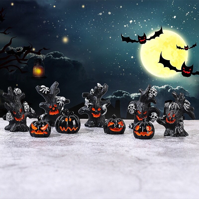 9pcs Halloween Tree Monster Micro Landscape Figurines, Spooky Pumpkin and Ghost Desktop Scene Decorations, Creepy Fairy Garden Accessories2