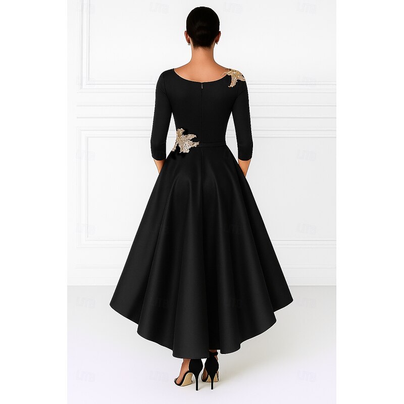 Black Red A-Line Mother of the Bride Dress Elegant V Neck Asymmetrical Satin Long Sleeve with Appliques2