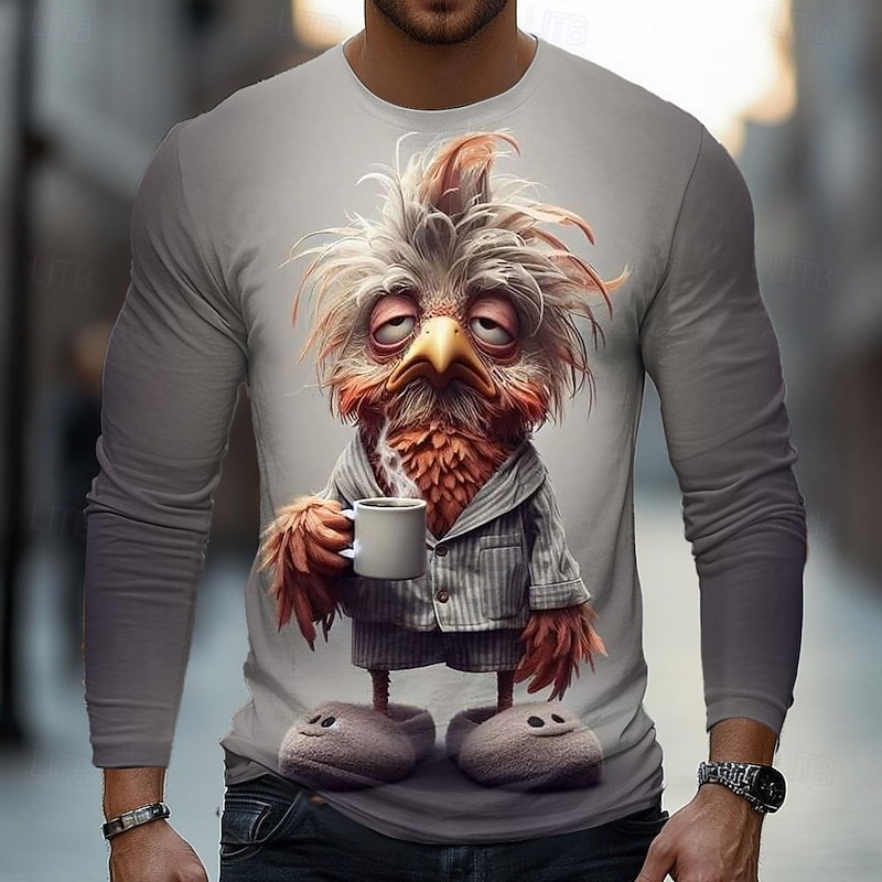 Men's 3D Chick T Shirt Long Sleeve T shirt 3D Print Crew Neck Shirt Fashion Basic Street Casual Daily White Gray Summer Spring Clothing Apparel S M L XL XXL XXXL