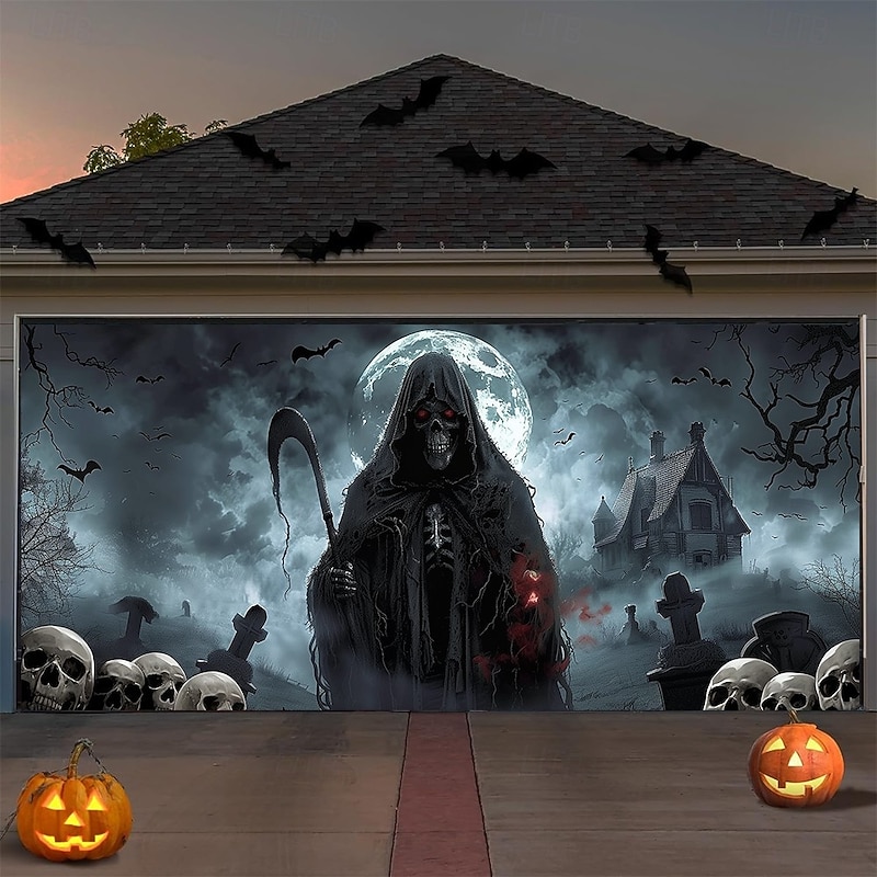 Halloween Garage Door Cover Grim Reaper Skeleton Banner Moonlight Cemetery Scene Scary Haunted House Backdrop Tapestry for Outdoor Decoration