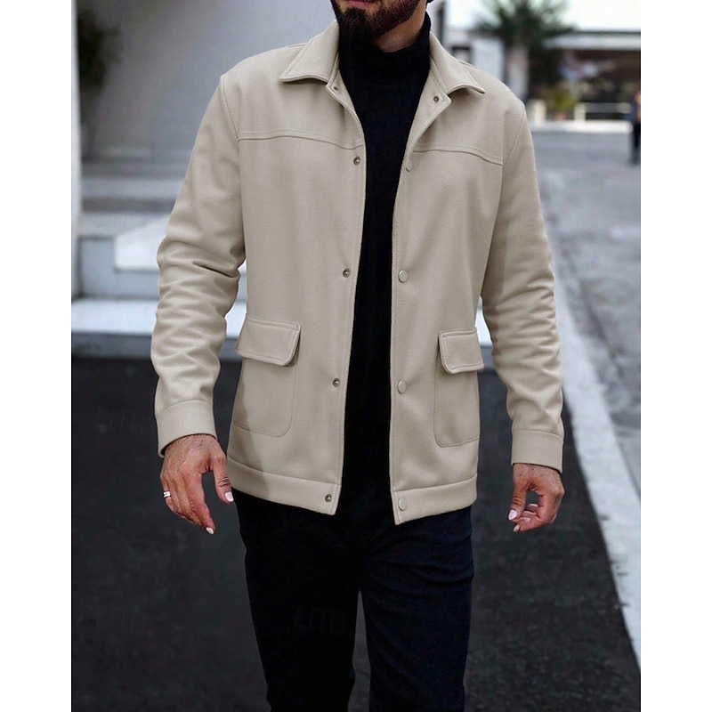 Men's Lightweight Jacket Casual Jacket Vacation Daily Breathable Pocket Fall Winter Plain Fashion Classic Lapel Regular Apricot Black Jacket2