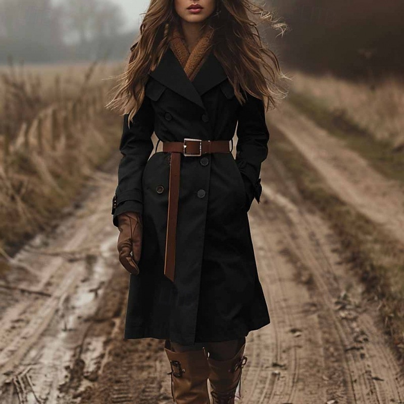 Women's Trench Coat Warm Comfortable Pocket Buttons Fashion Outdoor Plain Going out Casual Daily Weekend Double Breasted Long Turndown Regular Fit Long Sleeve Outerwear Black Red Army Green Fall2