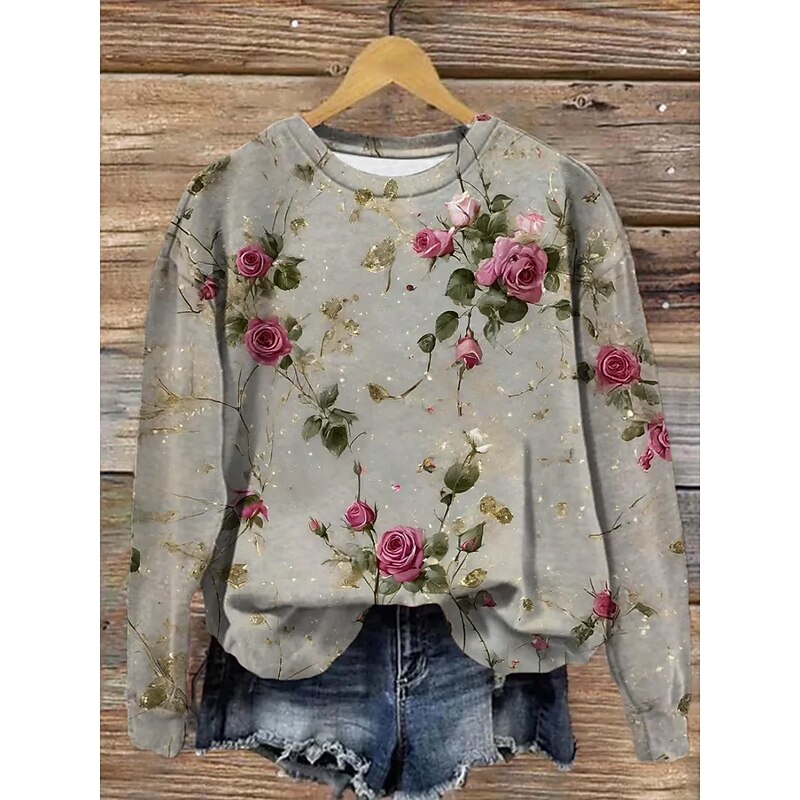 Women's Pullover Sweatshirt Floral Graphic Fashion Casual Long Sleeve Crew Neck Round Neck Regular Tops Street Dailywear Casual Print White Yellow Gray Fall Winter3