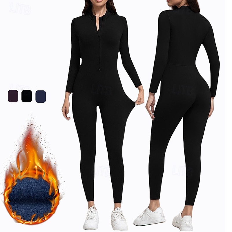 Women's Fleece Workout Jumpsuit One Piece Romper Winter Zip Up Solid Color Bodysuit Black Blue Gym Pilates Yoga Tummy Control Long Sleeve Sport Activewear Tight Fit