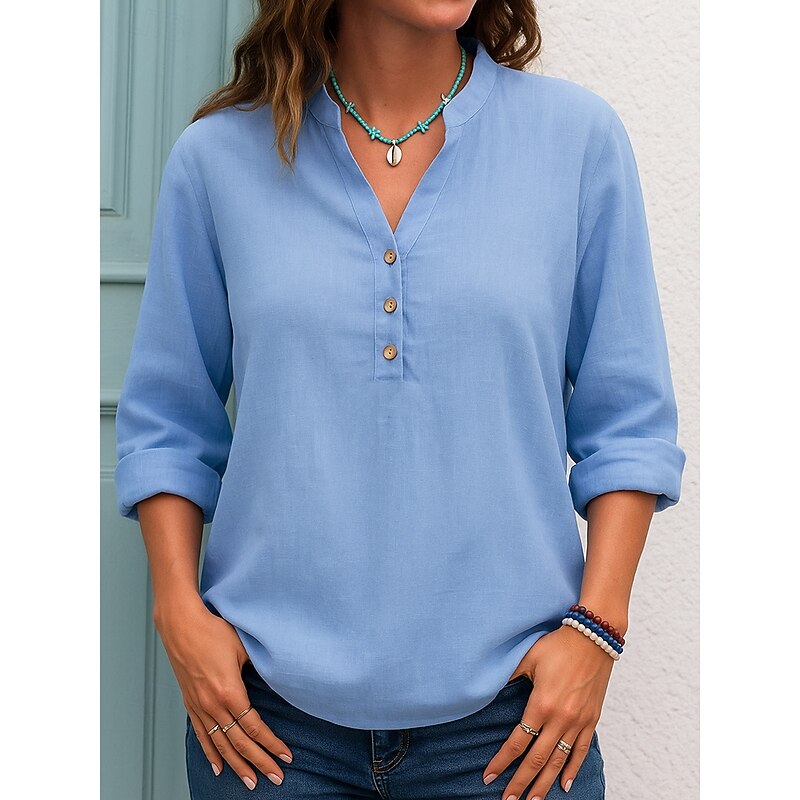 Women's Blouse Solid Color Casual Long Sleeve V Neck Regular Tops Black White Pink Blue Spring Fall3