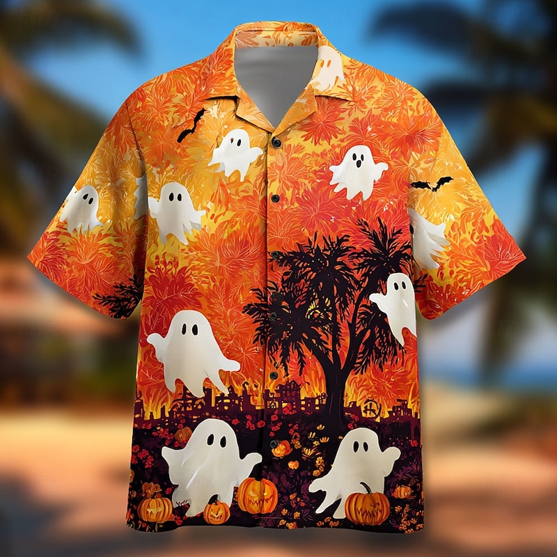 Halloween Men's Pumpkin Ghost Shirt Cuban Collar Shirt Button Up Shirt Short Sleeve Dark Punk Gothic Style Holiday Streetwear Summer Spring Camp Collar Shirt 3D Print Yellow Blue Orange Green