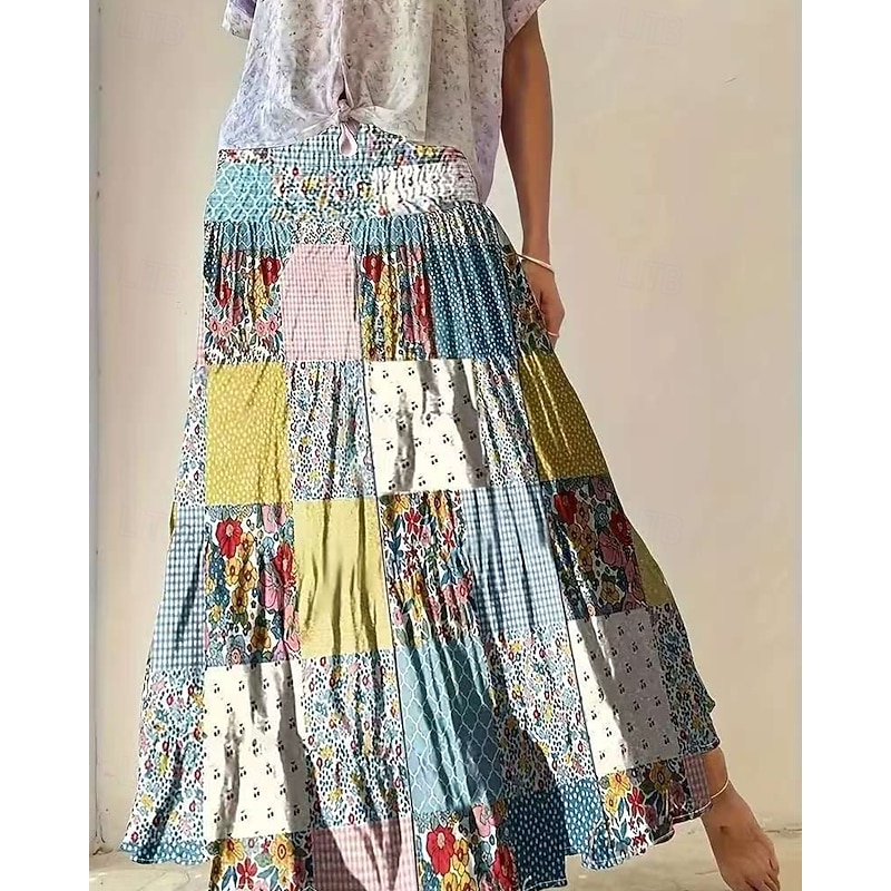 Women's Skirt Swing Casual Boho Maxi Mid Rise Skirts Floral Plaid Patchwork Print Micro-elastic Vacation Street Blue Spring Polyester3