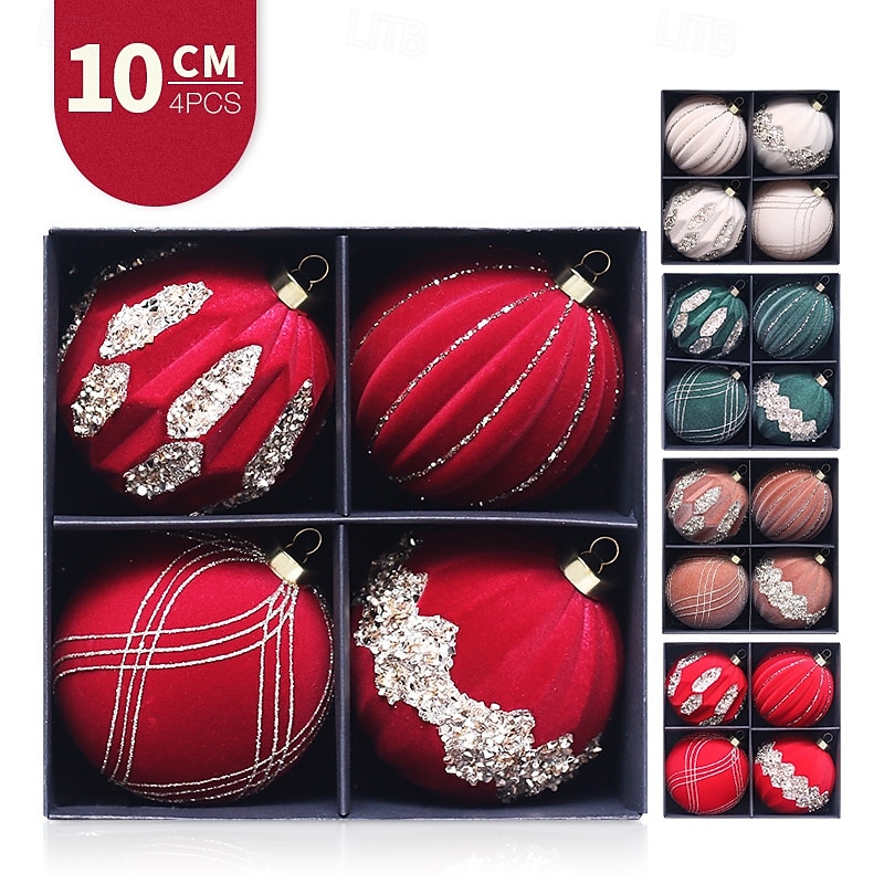 4 pcs Christmas Tree Balls Baubles Ornaments, 10 cm/3.94 inch Xmas Decoration, Glitter Velvet Painted Hanging Set, Premium Holiday Tree Decor