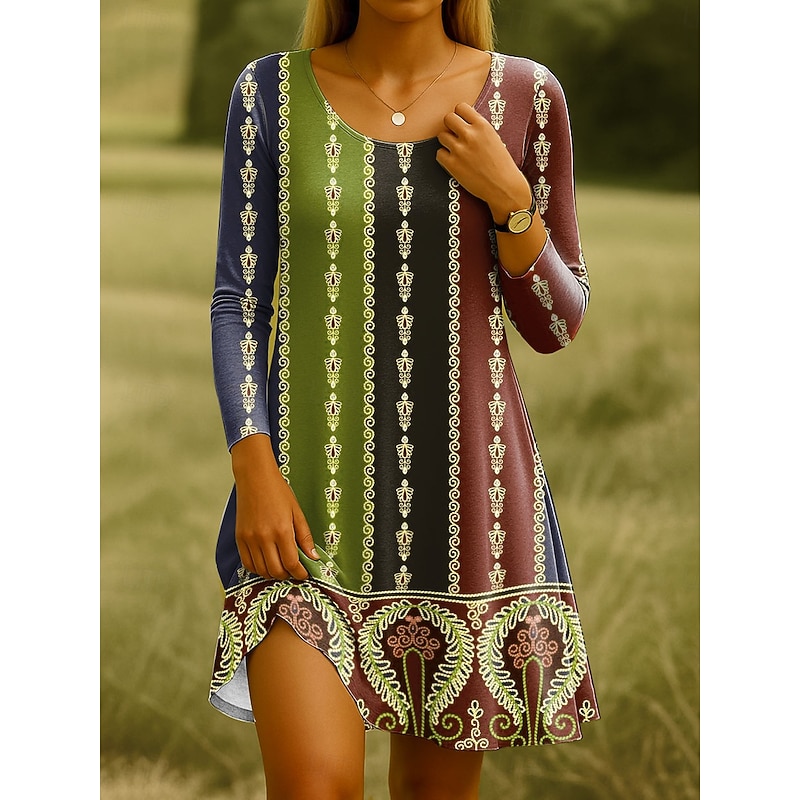 Women's Knee Length Dress Knit Dress Casual Dress T Shirt Dress Tee Dress Sundress Casual Regular Fit Graphic Paisley Long Sleeve Crew Neck Pink Blue Purple Brown Spring Fall Winter3