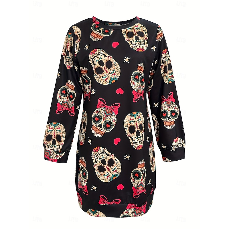 Halloween Women's Skulls Print Mini Dress Casual Dress Shift Dress Casual Regular Fit Graphic Skull Long Sleeve Crew Neck Black Spring Fall Winter3