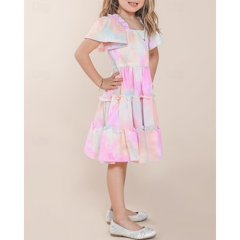 Mommy and Me Dresses Tie Dye Street Print Pink Purple Short Sleeve Midi Chiffon Dress Sweet Matching Outfits2