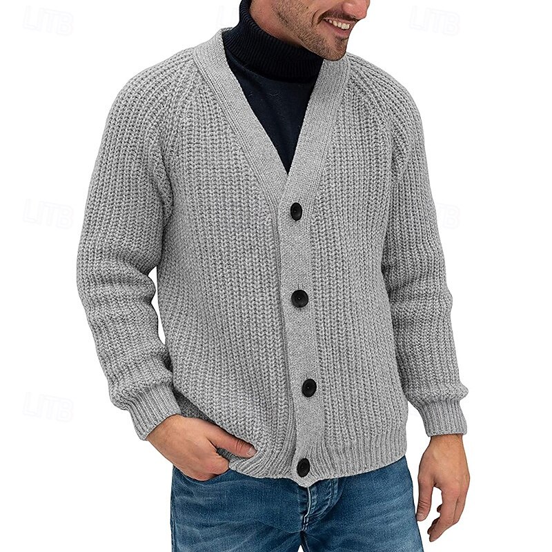 Men's Cardigan Sweater Cropped  Sweater Knit Sweater Ribbed Knit Regular Tops Button Up Plain V Neck Fashion Classic Vacation Daily Wear Clothing Apparel Fall Winter Black Navy Blue M L XL2
