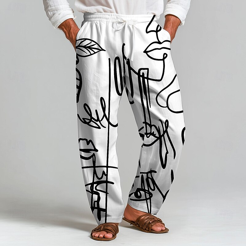 Men's Stick Figure Trousers Baggy Pants Casual Pants Mid Waist Fashion Outdoor Vacation Home Elastic Drawstring Waist Linen-Like Pants with Pockets Spring Fall 3D Print Black White2