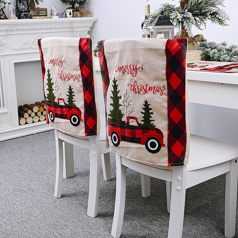 Christmas Chair Cover Creative Home Holiday Decoration Plaid Car Design Chair and Stool Cover Festive Christmas Party Dining Room Seating Accessory4