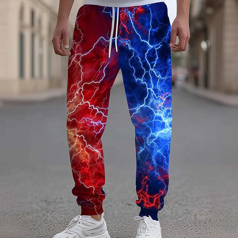 Men's Optical Illusion Lightning Sweatpants Joggers Trousers Mid Waist Drawstring Elastic Waist Casual Jogging Streetwear Workout Athletic Sweatpants with Pockets Spring Fall 3D Print Red Blue