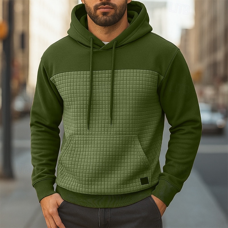 Men's Hoodie Waffle Hoodies Pullover Hoodie Sweatshirt Black Army Green Navy Blue Khaki Dark Gray Hooded Plain Patchwork Textured Sports & Outdoor Casual Daily Streetwear Cool Sportswear Spring2