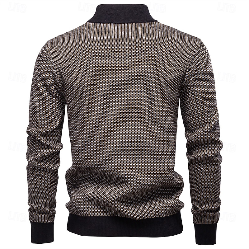 Men's Pullover Cable Knit Regular Tops Half Zip Color Block Geometric Standing Collar Elegant Cool School Vacation Clothing Apparel Spring Fall Black Brown S M L2