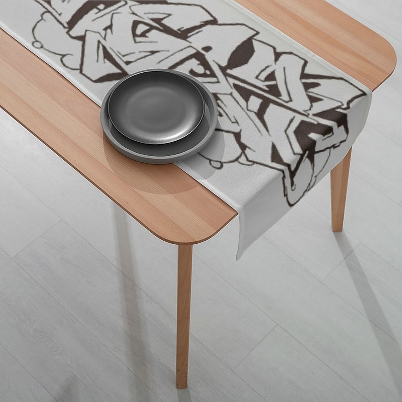 1PC Black White Graffiti Digital Printed Table Runner Table Flag – 33x180cm (13x70.5in) Decorative Tablecloth for Restaurant, Banquet, Party Supplies4