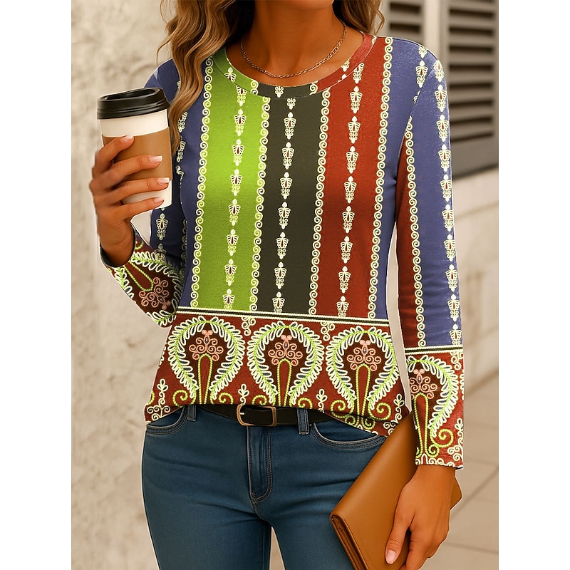 Women's T Shirt Graphic Paisley Striped Vintage Stylish Casual Long Sleeve Crew Neck Regular Tops Daily Print Pink Purple Orange Green Spring Fall Winter3