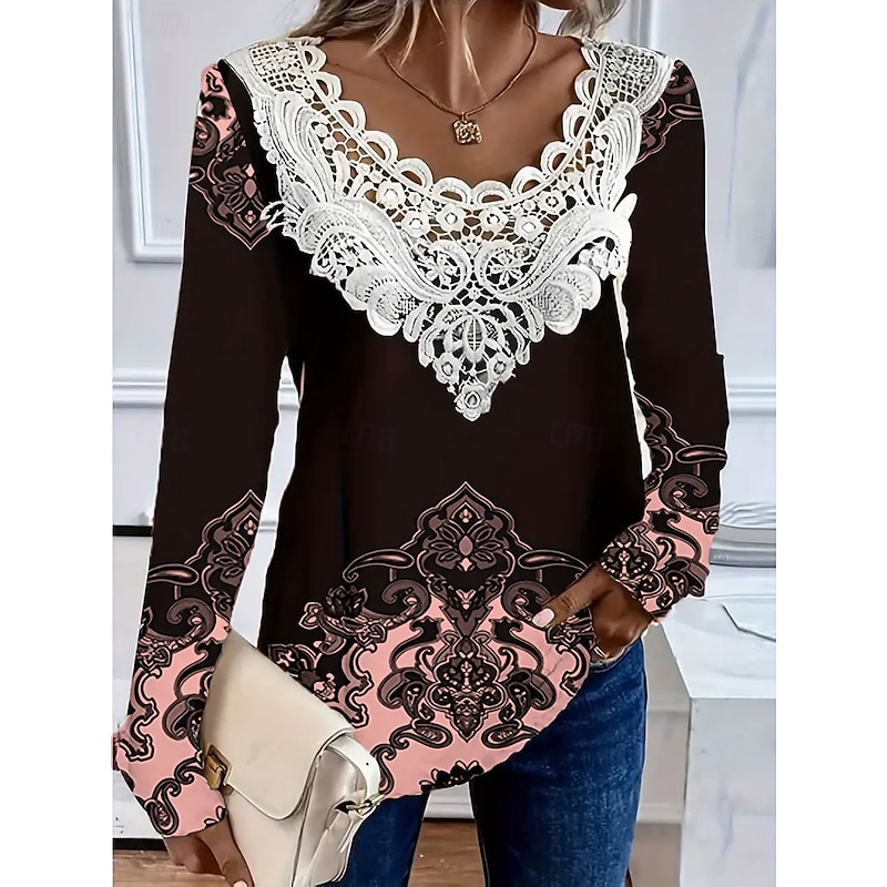 Women's T Shirt Graphic Plants Fashion Stylish Casual Long Sleeve Crew Neck V Neck Regular Tops Daily Lace Eyelet White Pink Blue Purple Green Spring Fall
