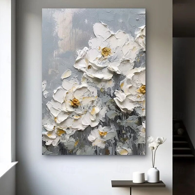 Handmade 3D white flower Oil Painting featuring Vibrant Floral Composition with White Peonies Showcasing Exquisite Impasto Technique and Rich Color Palette Perfect for Elegant Home Decor