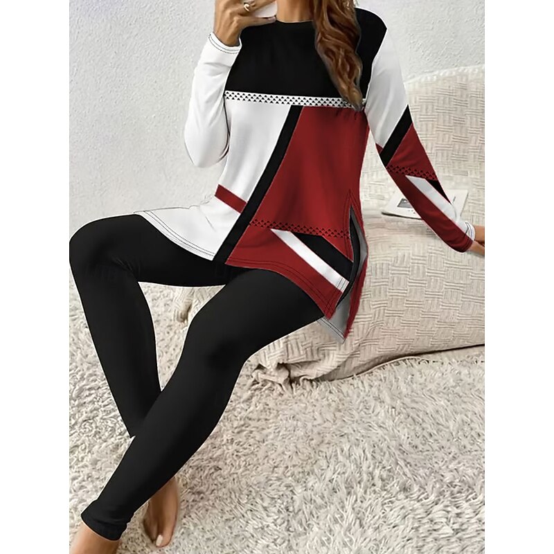 Women's Pajama Set Loungewear Round Neck Long Sleeve Casual Fashion Pants Sets Graphic Geometric Print Daily Daily Pink Red Blue Spring Regular Fit