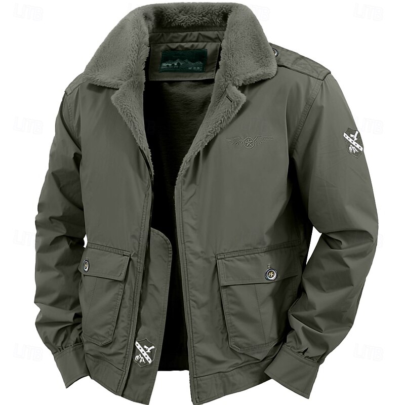 Men's Bomber Jacket Fleece Jacket Sport Coat Formal Home Portable Windbreaker Pocket Fleece Spring Fall Winter Solid Color Active Vintage Turndown Regular Navy Blue Dark Green Brown Jacket3