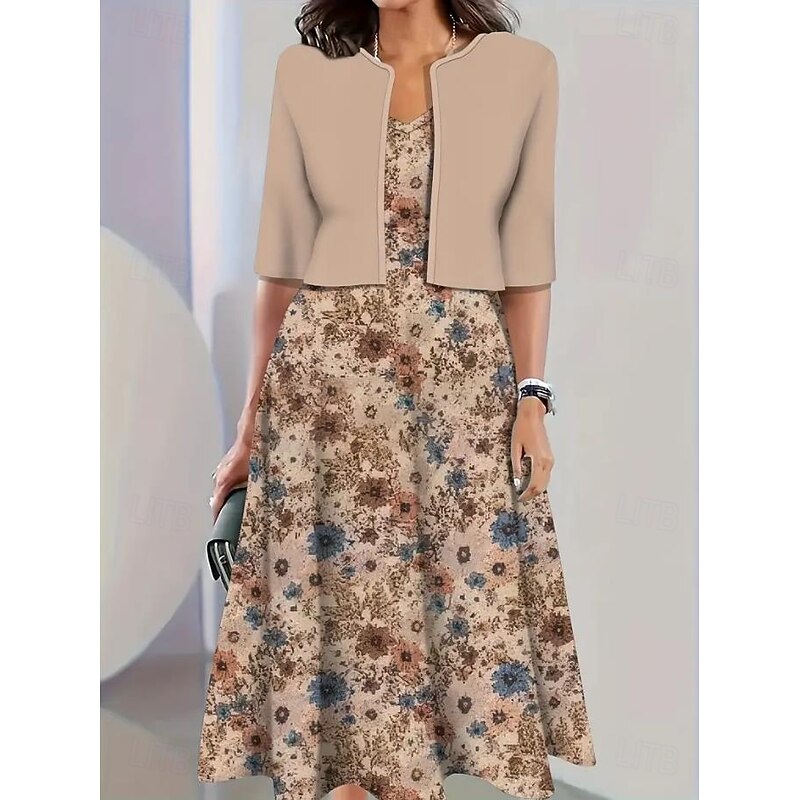 Women's Dress Set A Line Dress Casual Semi Formal Floral Graphic Print Midi Dress Half Sleeve Crew Neck Vacation Date White Blue Green Summer Spring Regular Fit3