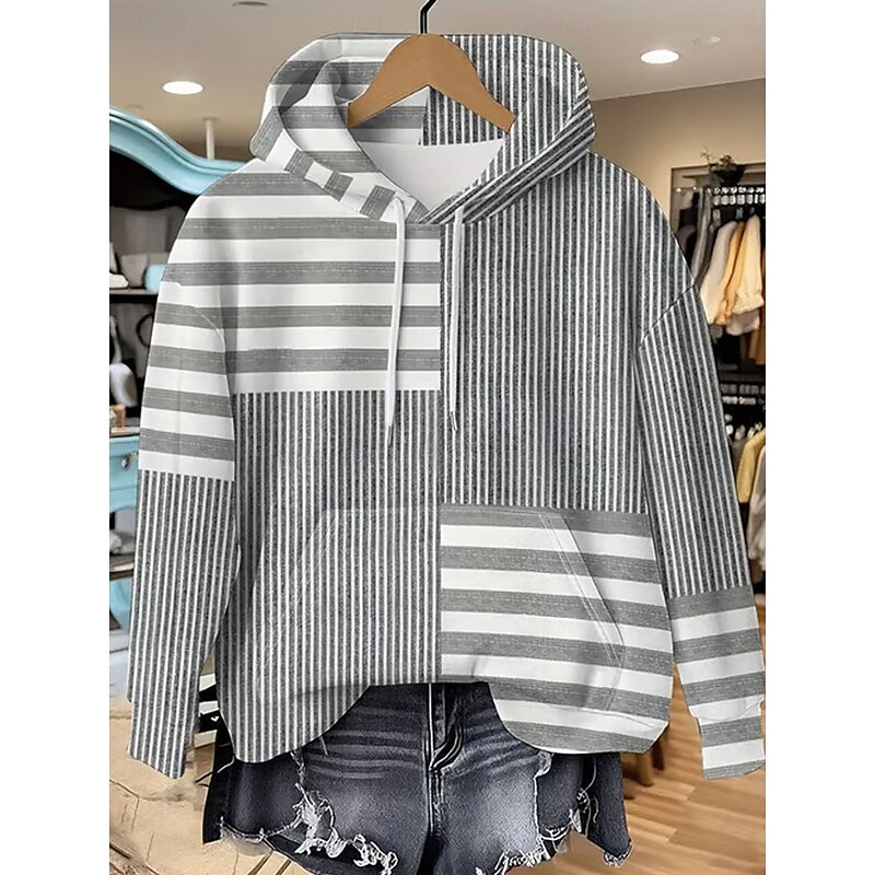 Women's Hoodies Graphic Striped Vintage Retro Casual Long Sleeve Hooded Regular Tops Street Casual Print Gray Fall Winter