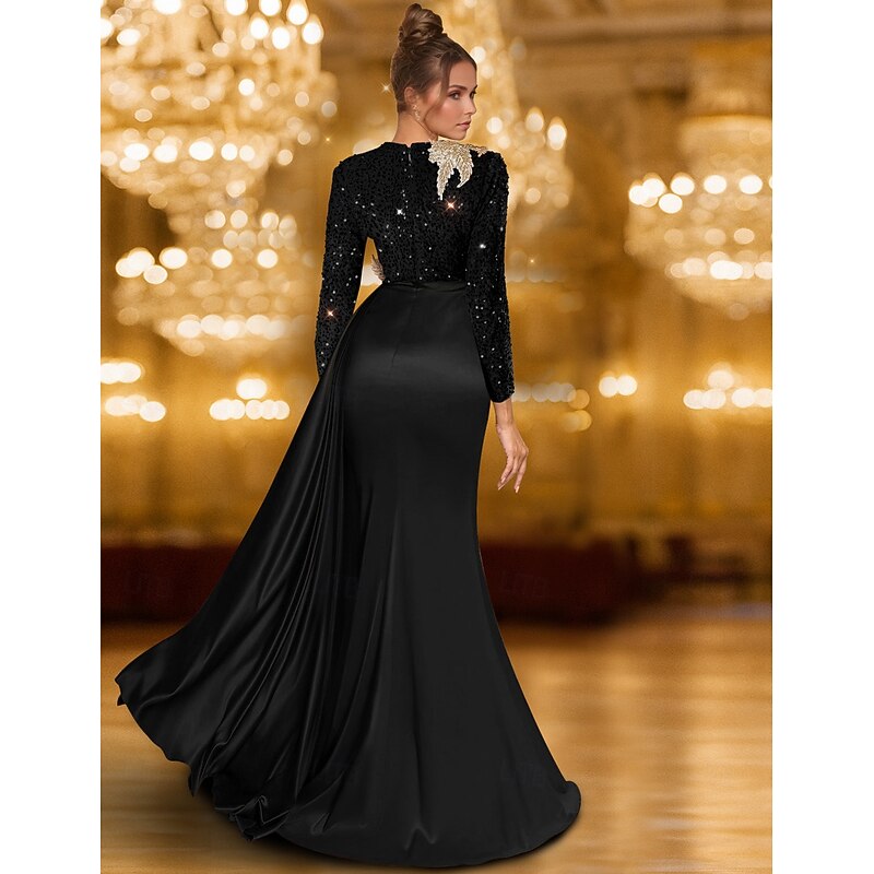 Blue Black A-Line Evening Gown Elegant Dress Formal Wedding Floor Length Long Sleeve Crew Neck Champagne Mother Of the Bride Dress Satin with Glitter Pleats 20252