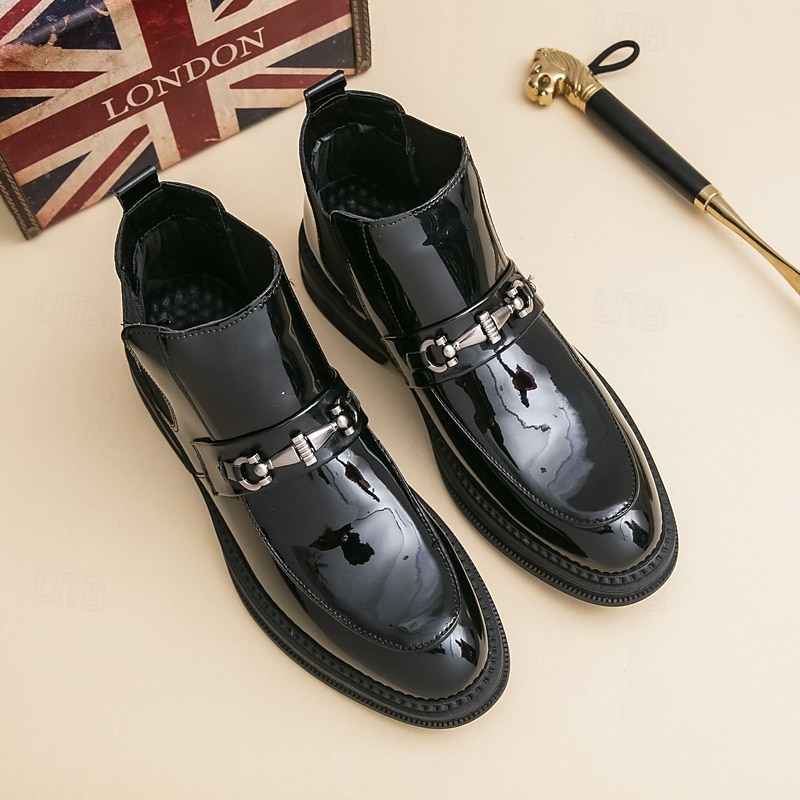 Men's Black Patent Chelsea Boots with Metal Chain Accent Fashion Party Dress Shoes for Club and Evening Events2