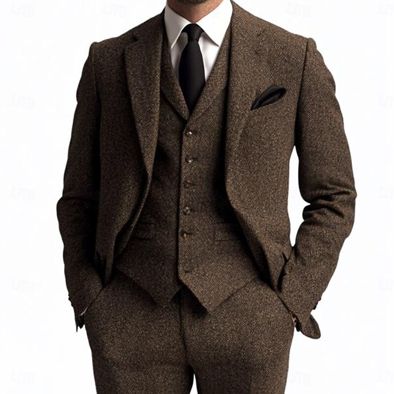 Men's Wedding Business Tweed Suits Notch Lapel Coffee Casual Formal Herringbone Tailored Fit 3 Piece Single Breasted One-button