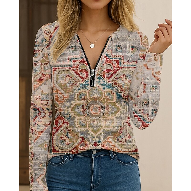 Women's T Shirt Floral Casual Long Sleeve V Neck Regular Tops Daily Going out Print Navy Blue Orange Beige Gray Fall4