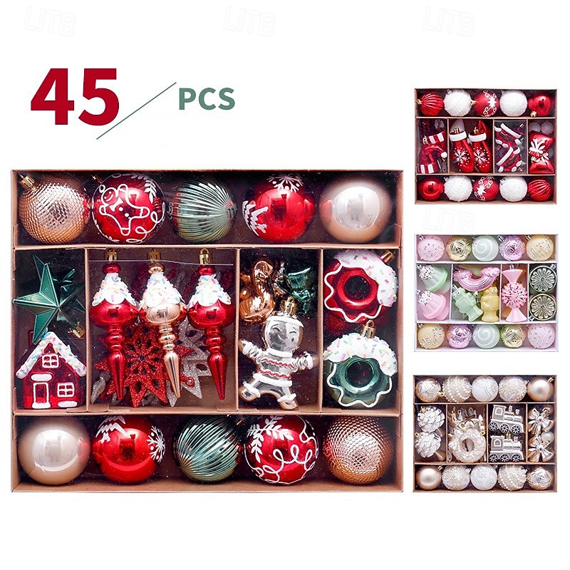 45 pcs Christmas Tree Balls Baubles Ornaments, Xmas Decoration, Painted Gingerbread Man Hanging Set, Festive Holiday Tree Decor - Main Image