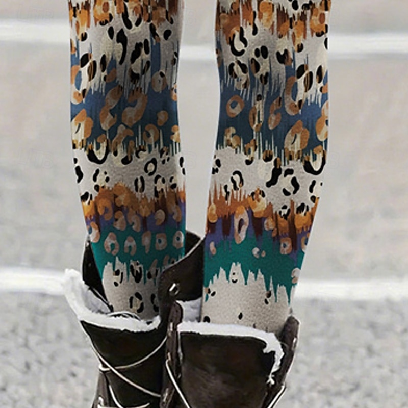 Women's Pants Trousers Leggings Cozy Leggings Streetwear Casual Full Length High Waist Leopard Color Block Elastic Waist Print Breathability Comfortable Stretchy Vacation Street Daily Wear Blue3