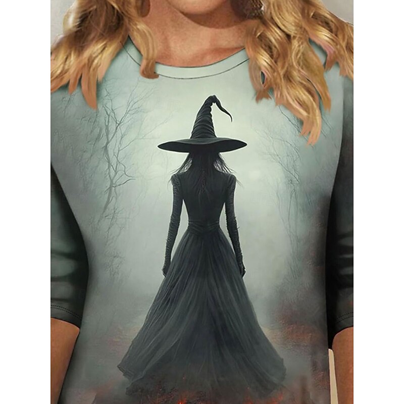 Halloween Women's T shirt Witch Graphic Skull Vintage Fashion Stylish Long Sleeve Crew Neck Round Neck Regular Tops Daily Weekend Print Navy Blue Gray Summer Spring Fall2