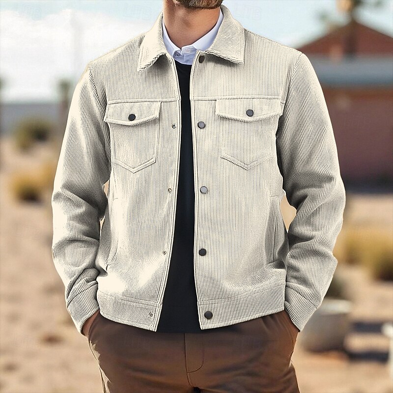 Men's Corduroy Shirt Shirt Jacket Winter Jacket Plain Vacation Daily Wear Black Army Green Beige Coffee Long Sleeve Lapel Fall Winter Clothing Apparel Pocket3