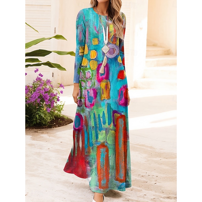 Women's Maxi Dress Vintage Bohemian A Line Dress Crew Neck Long Sleeve Casual Daily Regular Fit Graphic Geometric Black Sky Blue Orange Dark Blue Spring Fall Winter4