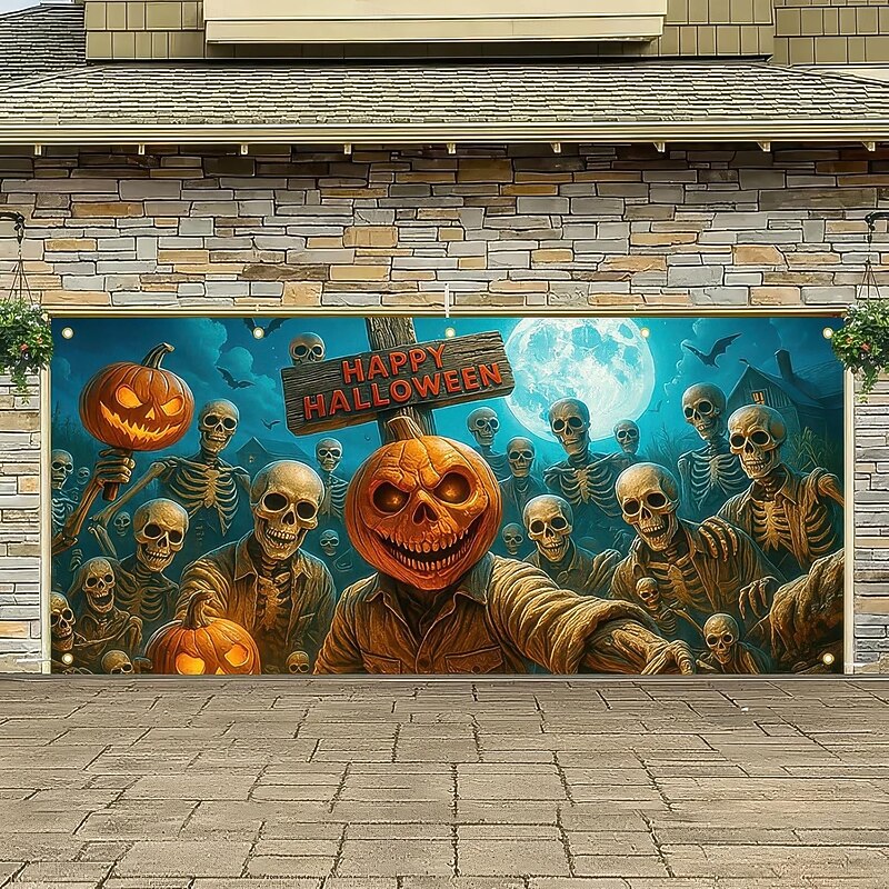 Halloween Tapestry Garage Door Cover Large Hanging Backdrop Pumpkin Ghost Dark Punk Gothic Style Party Outdoor Shooting Backgrounds Yard Haunted House Home Decor