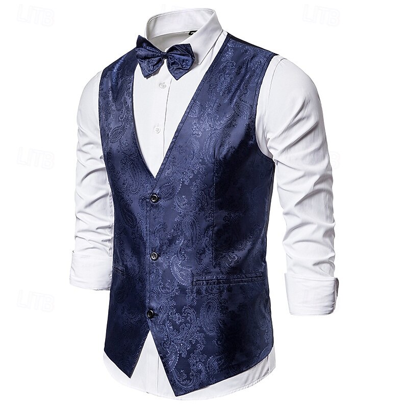 Men's Vest Waistcoat Formal Performance Wedding Spring Fall Adjustable Paisley Single Breasted V Neck Black Blue Vest2