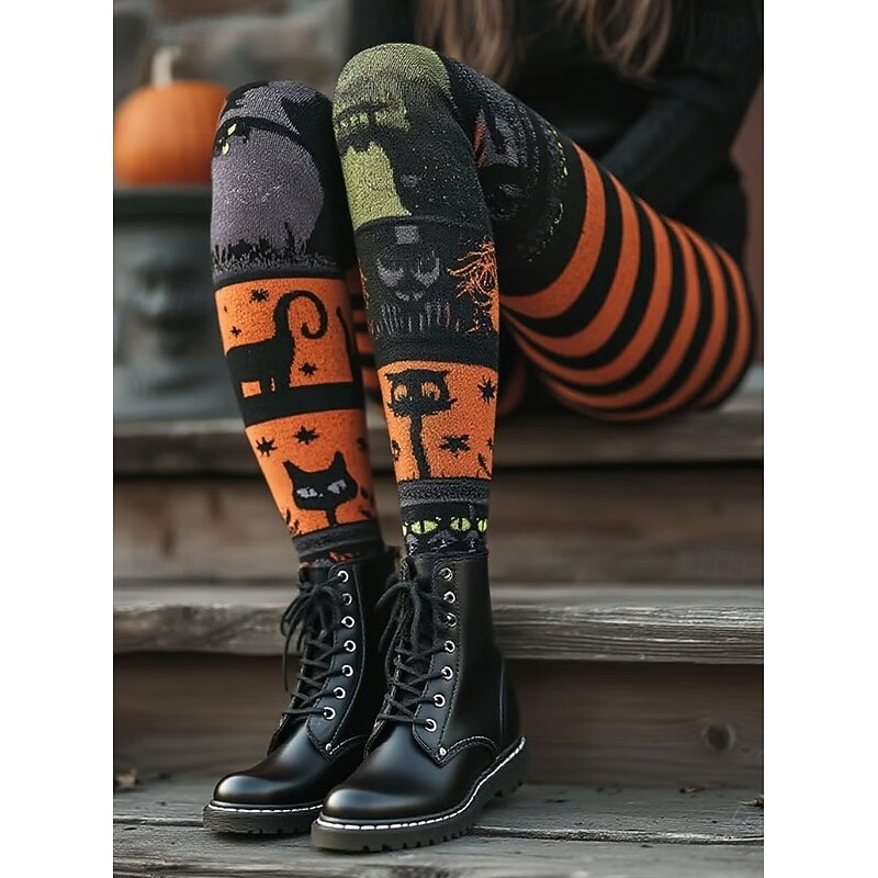 Women's Leggings Vacation Vintage Fashion Full Length High WaistPantsHalloween Graphic Skull Cat Printing Soft Breathable Stretchy Outdoor Vacation Street Maroon Orange Grey Spring Fall Winter Slim2