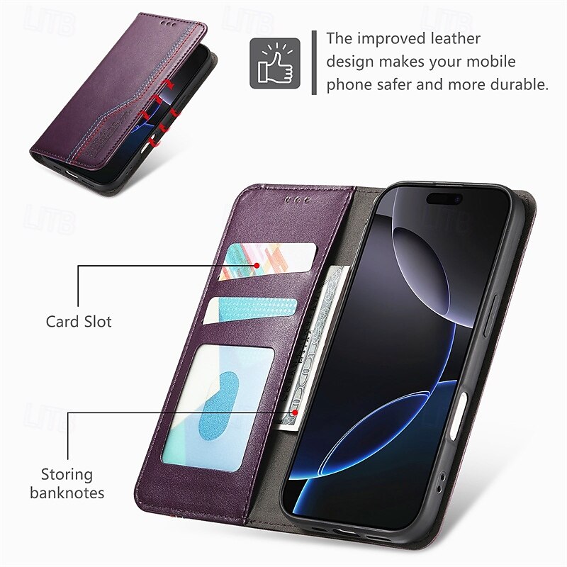 Phone Case For iPhone 16 15 14 Pro Max Plus 16e 13 Pro Max Wallet Case Flip Cover Card Slot Shockproof Retro TPU PU Leather3