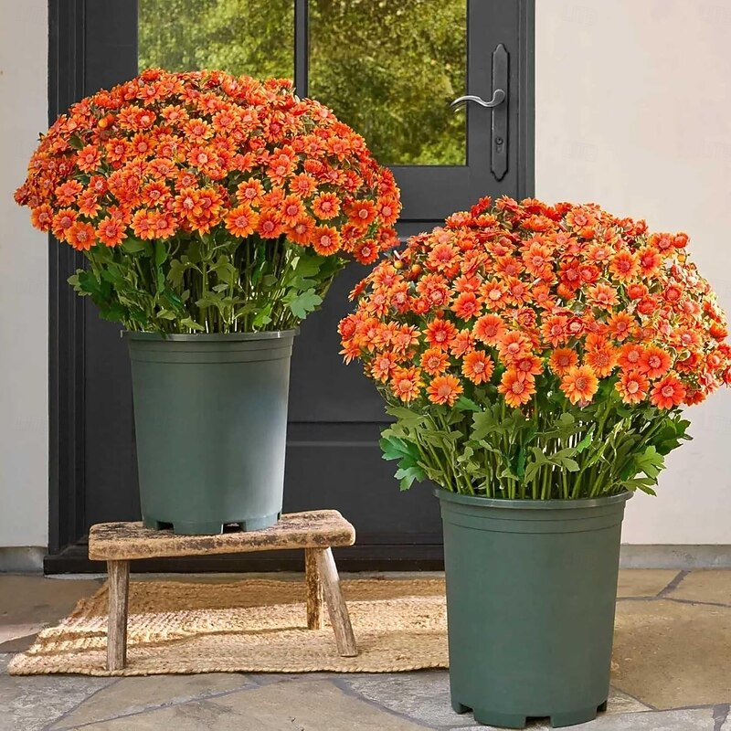 5 Bundles Fall Artificial Mums Flowers Sunset Mums, Outdoor Faux Fall Flowers with Daisies and Eucalyptus, UV Resistant Waterproof Windproof Lifelike Full Bloom Plants for Garden, Porch, Patio - Main Image