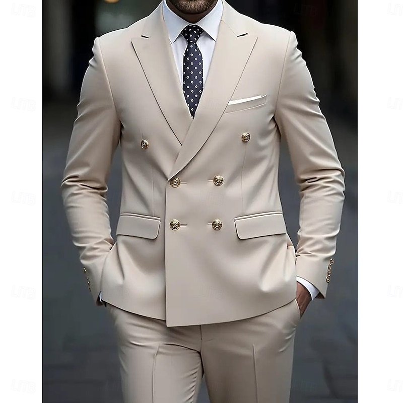 Men's Business Casual Wedding Suits Peaked Lapel Beige Formal Solid Colored Tailored Fit 2 Piece Double Breasted Six-buttons