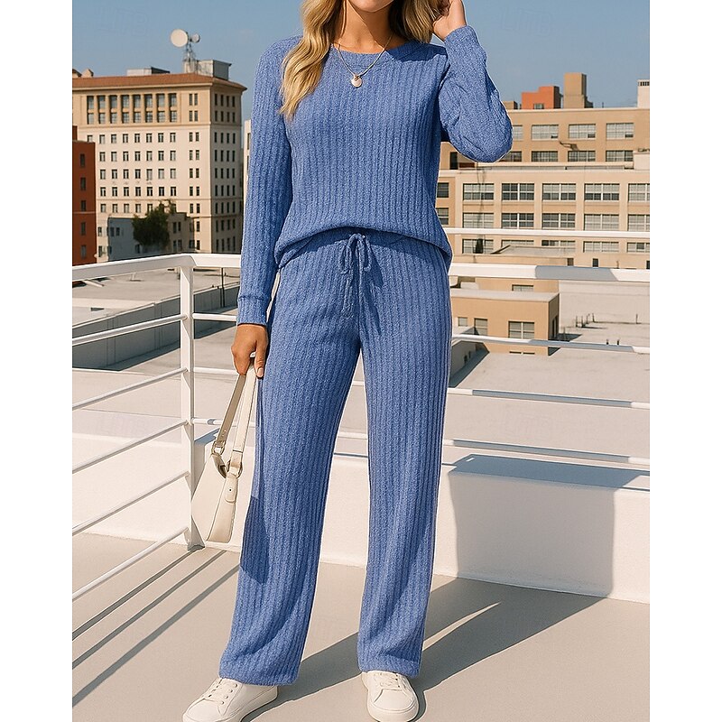 Women's Knitted Suit Lounge Suits Solid Colored Clothing Suit Fall Black Burgundy Outdoor Travel Sports High Waist Long Sleeve Sport Activewear Micro-elastic Regular Fit