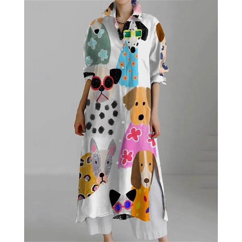 Women's Long Dress Maxi Dress Shirt Dress Casual Dress Print Dress Fashion Modern Daily Weekend Regular Fit Animal Flower Long Sleeve Shirt Collar White Orange Khaki Rose Spring Fall