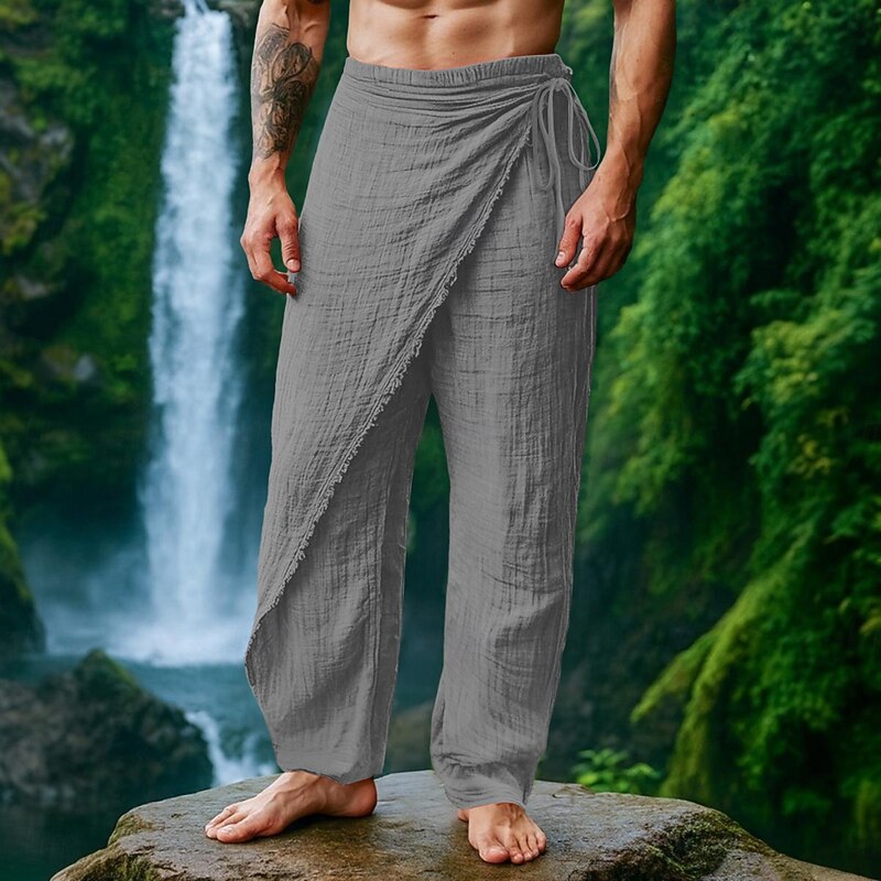 Men's Linen Pants Trousers Summer Pants Drawstring Elastic Waist Straight Leg Plain Comfort Breathable Full Length Casual Daily Holiday Vacation Fashion White Brown Micro-elastic4