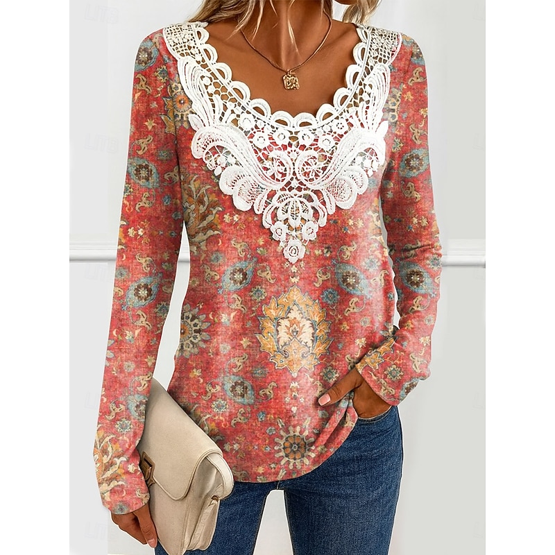 Women's Blouse Tunic Lace Splicing V Neck Long Sleeve Graphic Paisley Plants Round Neck Regular Tops Daily Going out Weekend Lace Patchwork Print Black Spring Fall Prefall4