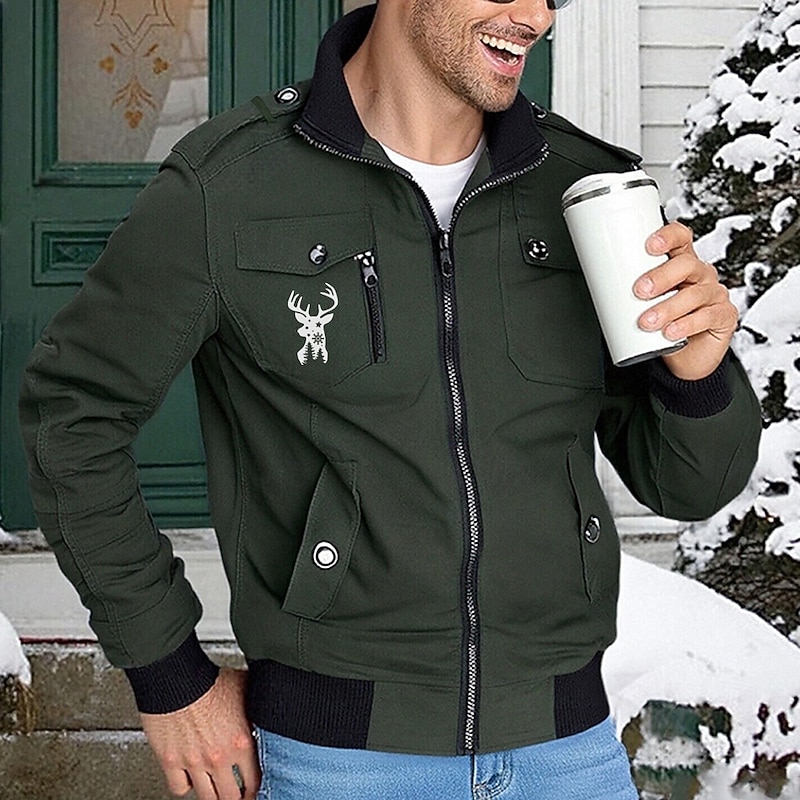 Men's Reindeer Military Jacket Coat Tactical Jacket Thermal Warm Casual Outdoor Zipper Multiple Pockets Cotton Bomber Jackets with Shoulder Straps Fall Winter Stand Collar Long Sleeve Army Green - Main Image